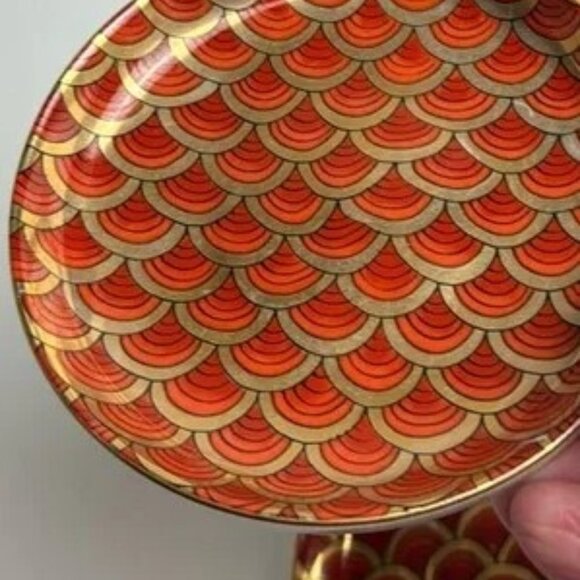 Vintage Japanese Set of 6 Small Plates, Rust & Gold Fish Scale Pattern 3.75” EC - Picture 4 of 5
